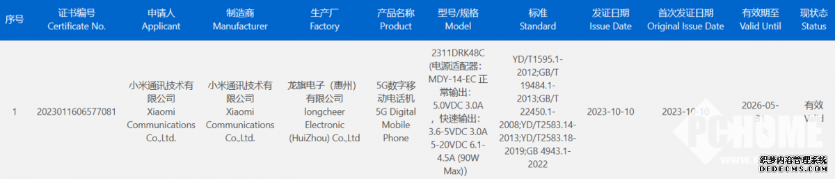 小米Redmi K70系列手机通过3C认证：支持90W快充
